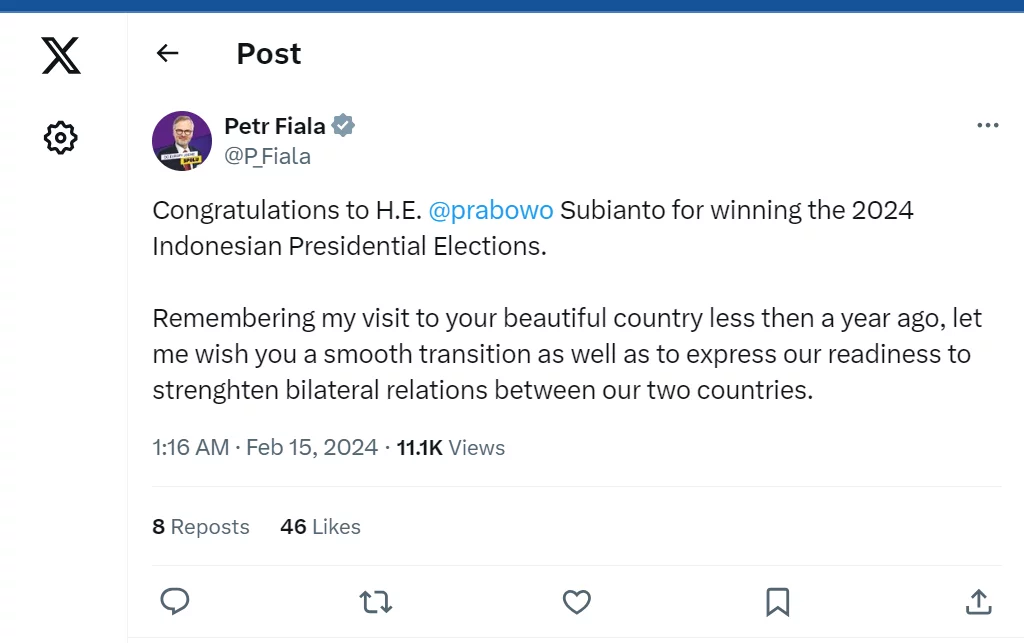 PM Ceko Mengucapkan Selamat kepada Prabowo Subianto-Gibran Rakabuming Raka dan Siap Memperkuat Hubungan Bilateral
