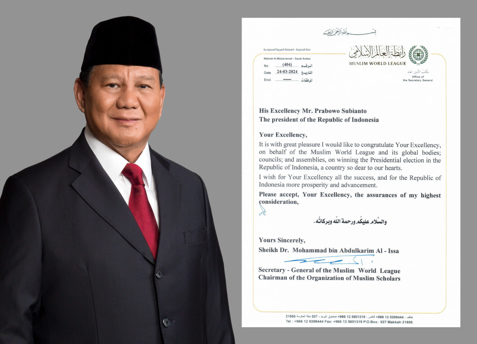 World Muslim League Offers Congratulations to Prabowo Subianto for Winning Presidency